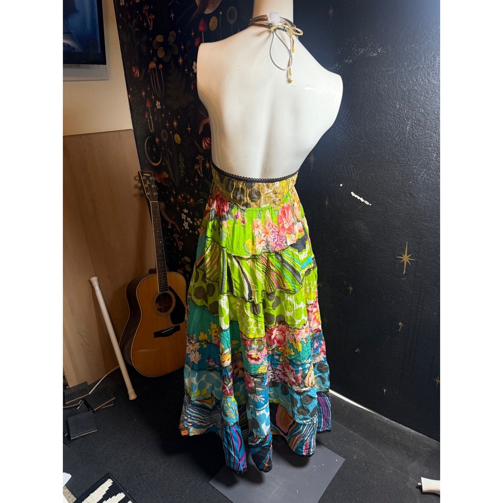 Boho Patchwork Floral Tiered Maxi Dress Halter Neck Multi-Color Summer Festival - Picture 4 of 6